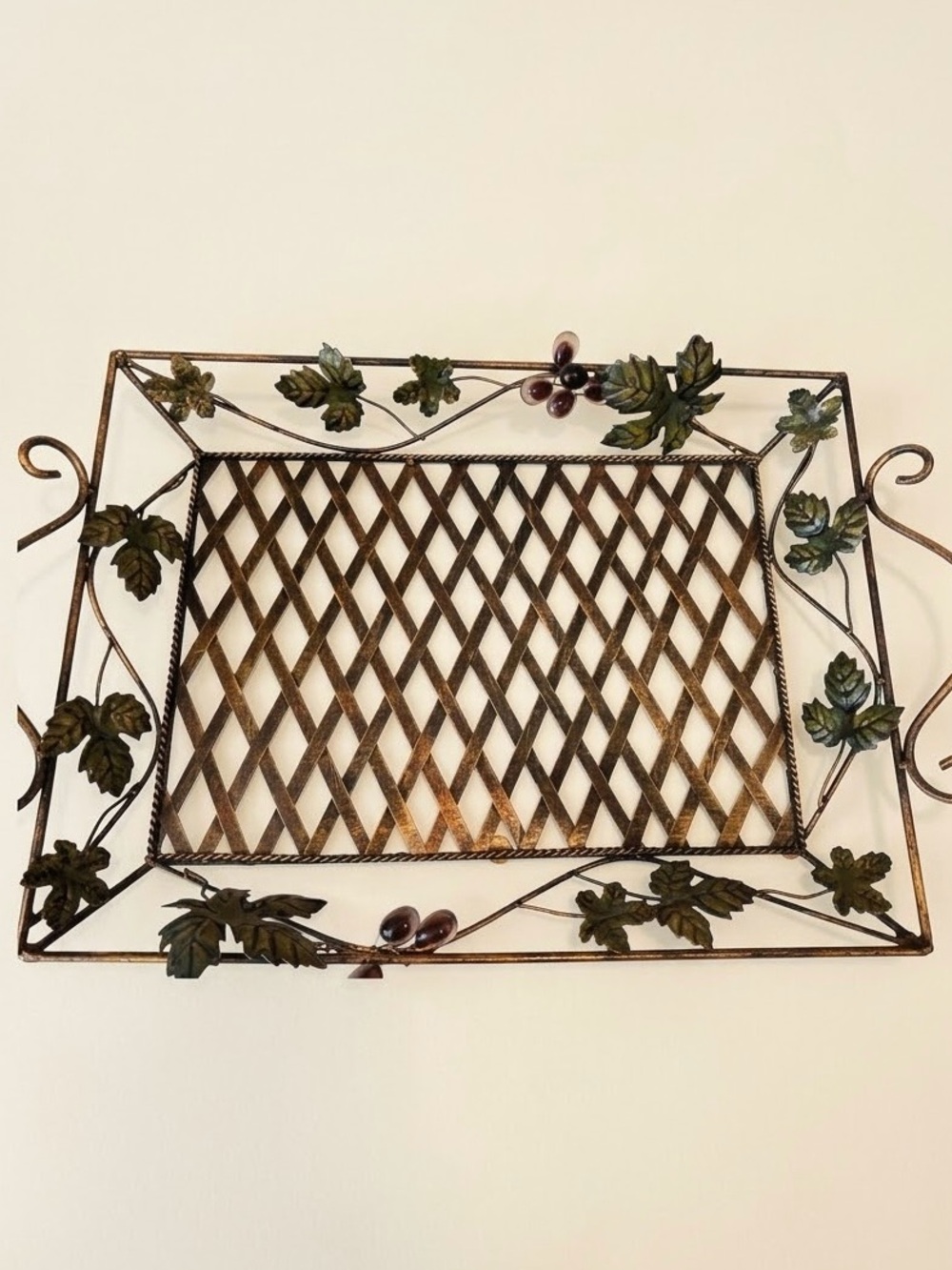 Vintage Large Wrought Iron Grape Leaf Serving Tray Lattice Bottom Bronze